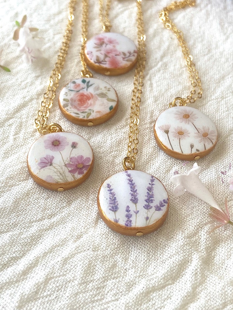 Lavender Necklace, Cosmos Necklace, Rose Necklace, Daisy Necklace, Cherry Blossom Necklace, Spring Wedding Jewelry, Clay Stamped Pendant image 2