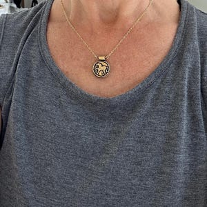 May include: A gold-colored necklace with a circular pendant featuring a horse design. The pendant is black and gold, and the chain is delicate. The necklace is worn against a gray shirt.