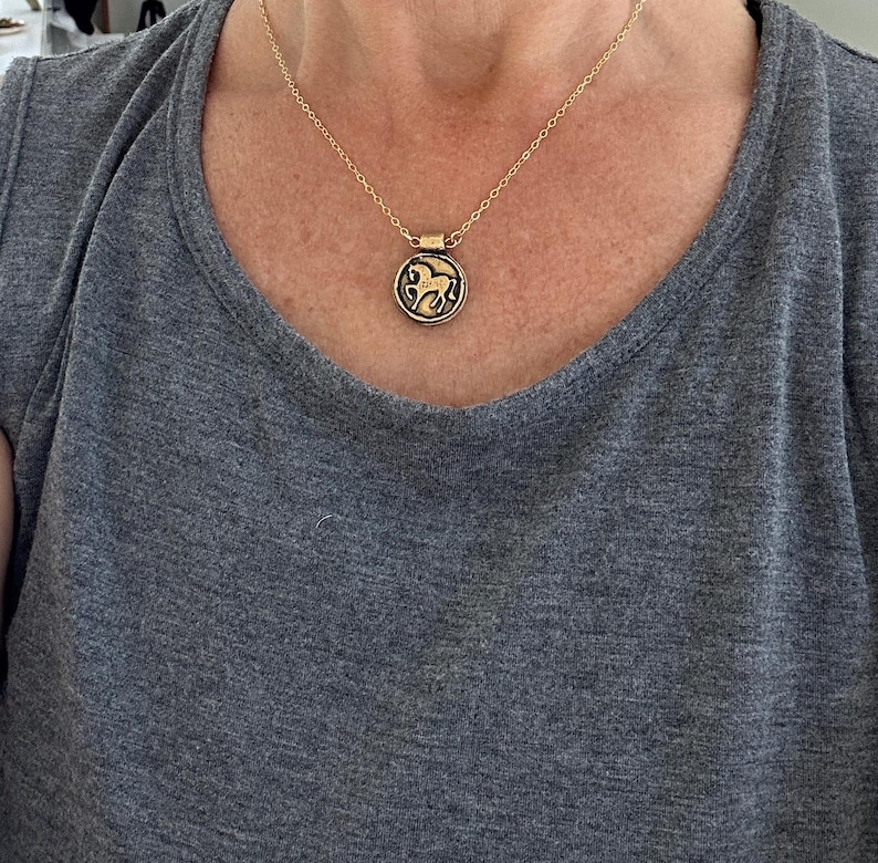 May include: A gold-colored necklace with a circular pendant featuring a horse design. The pendant is black and gold, and the chain is delicate. The necklace is worn against a gray shirt.