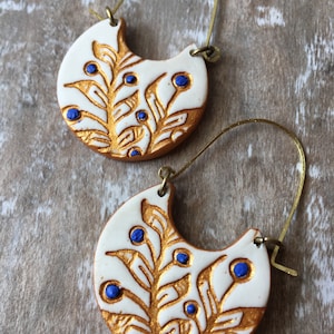 White, Blue and Gold Cold Porcelain Earrings, Portuguese tile inspired, Christmas gift for her, Gifts under 50, clay brass jewelry, handmade image 10