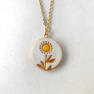 Sunflower Necklace, Dainty stamped clay jewelry with handpainted accents, Personalize with your initial, Sunflower wedding Bridesmaid gift image 7