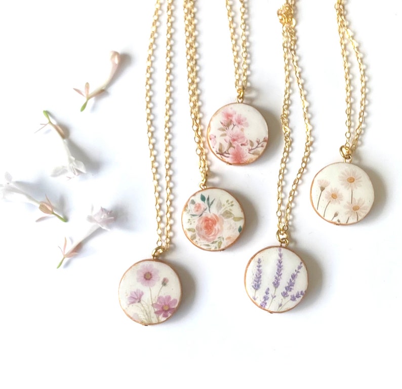 Lavender Necklace, Cosmos Necklace, Rose Necklace, Daisy Necklace, Cherry Blossom Necklace, Spring Wedding Jewelry, Clay Stamped Pendant image 5