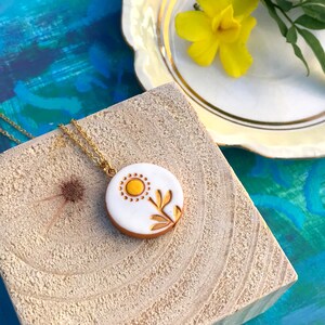 Sunflower Necklace, Dainty stamped clay jewelry with handpainted accents, Personalize with your initial, Sunflower wedding Bridesmaid gift image 5