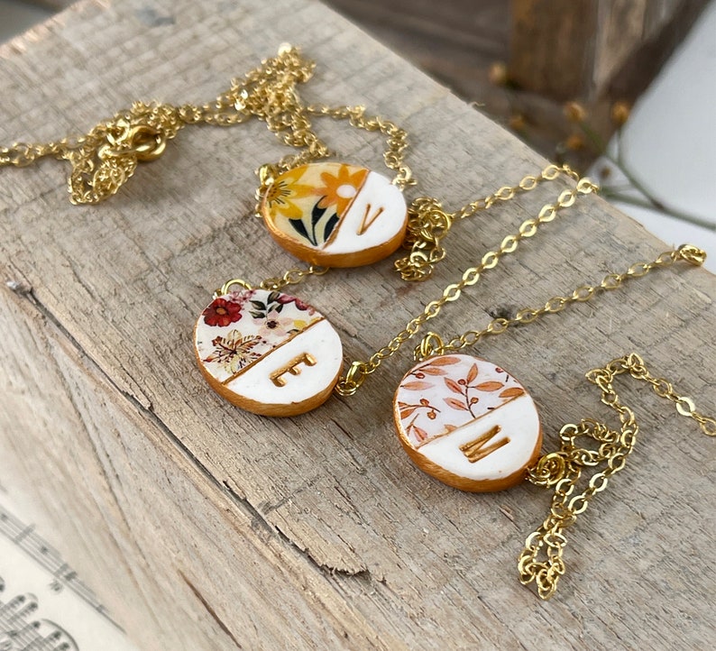 Small Letter Necklace, Dainty Floral Necklace, Woodland Wedding, Boho Fall jewelry, Burnt Orange Wedding, Autumn Jewelry, Petite Necklace image 5
