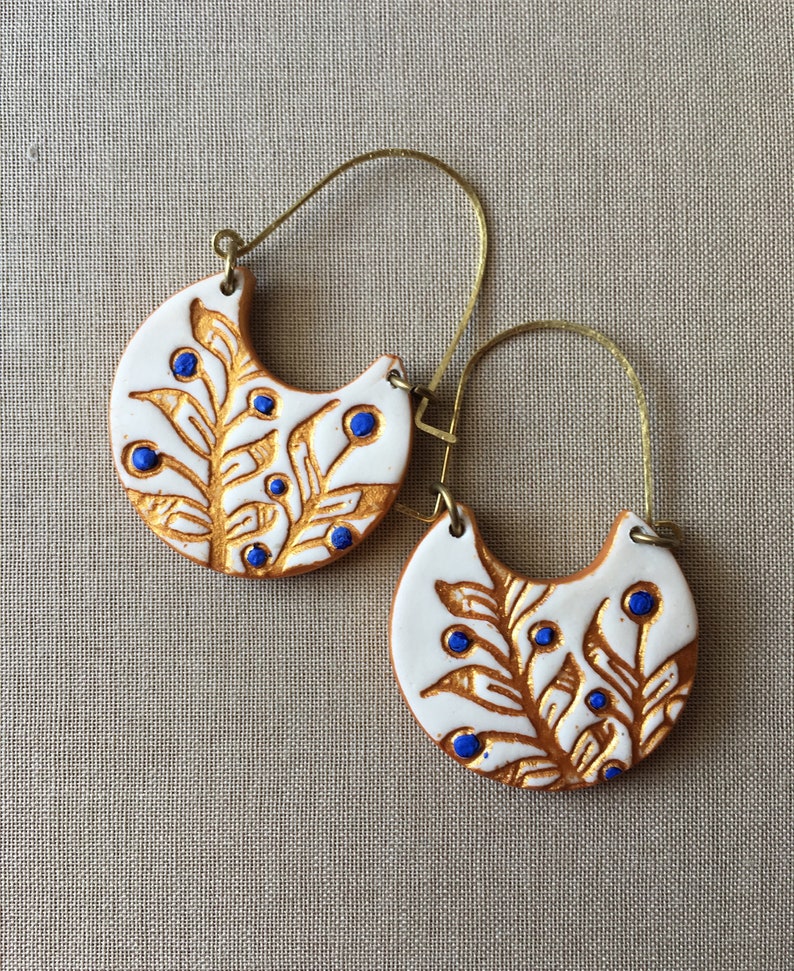 White, Blue and Gold Cold Porcelain Earrings, Portuguese tile inspired, Christmas gift for her, Gifts under 50, clay brass jewelry, handmade image 3