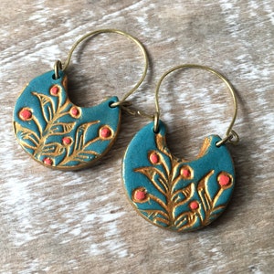 Botanical Pattern Handpainted Clay Earrings, Blue and Gold with Coral accents, Delicate Earrings. Holidays for mom, Christmas for Grammy