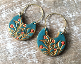 Handmade Botanical Clay Earrings: Blue, Gold & Coral, Brass Hoops