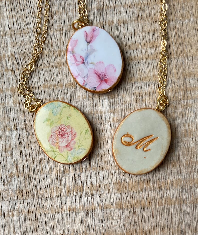 Bridesmaids Pastel Floral Necklace, Letter Personalized Pendant, Delicate Floral Pattern, Wild Flowers Necklace, Spring Jewelry image 7