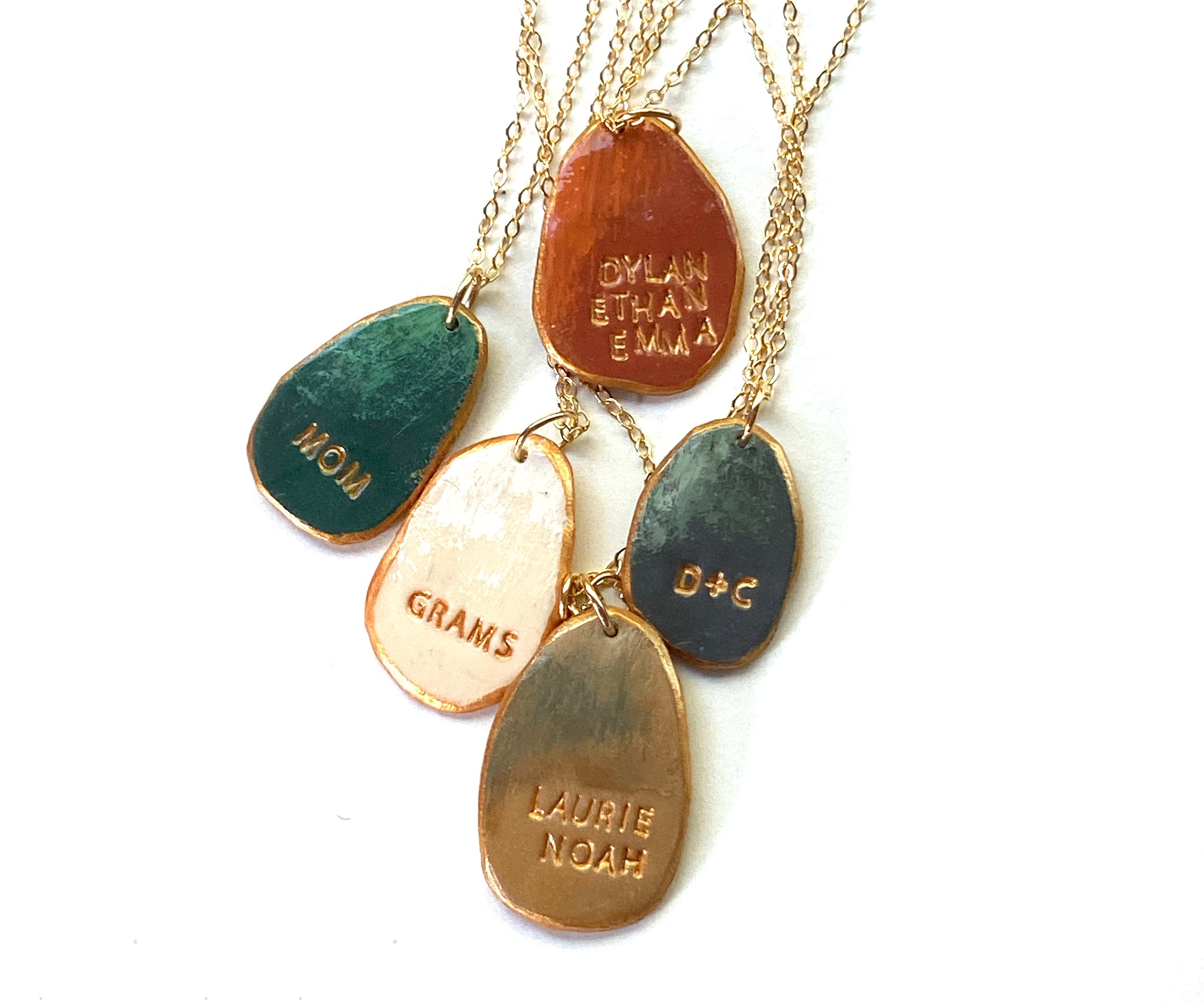 Personalized Family Necklace: Handmade Stamped Clay Pendant, Gold Chain ...