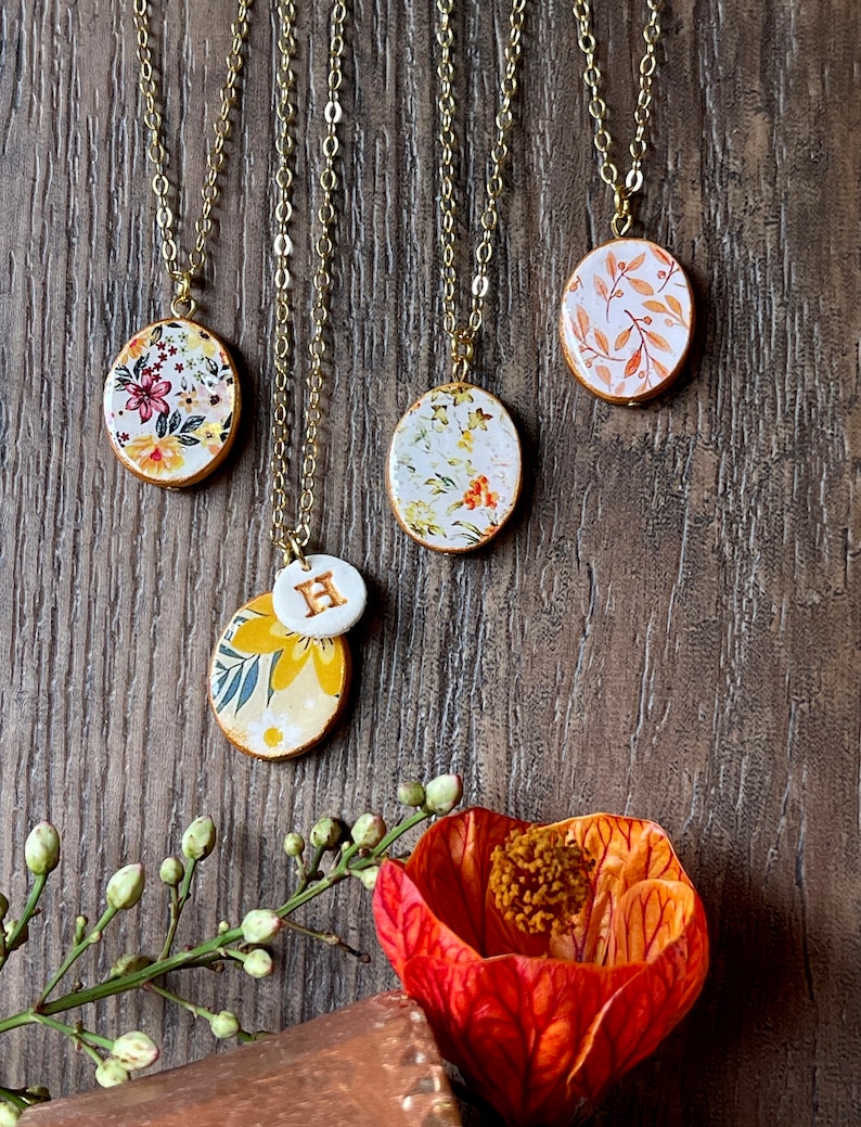 Floral necklace, Flower Pendant, Clay Initial, Autumn palette, fall colors, Autumn Jewelry, Bridal Party Gifts, Bridesmaid gift set of 4 image 5