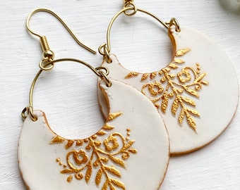White and Gold Clay earrings, Cold Porcelain Earrings, Party white and gold Earrings, Elegant Bold Earrings, Christmas Gift for her