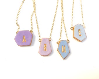 Blue, Lavender and Lilac Clay Initial Necklace, Simple Letter Charm, Bridesmaids jewelry set, Unique Birthday Gift, Teen jewelry