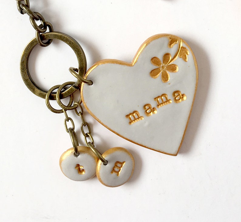 Heart Keychain for Mom, Nana, Nonna, Oma, Grandma, Grammy, Aunt, Kids stamped initials, Mothers Day Keychain image 1