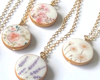 Lavender Necklace, Cosmos Necklace, Rose Necklace, Daisy Necklace, Cherry Blossom Necklace, Spring Wedding Jewelry, Clay Stamped Pendant