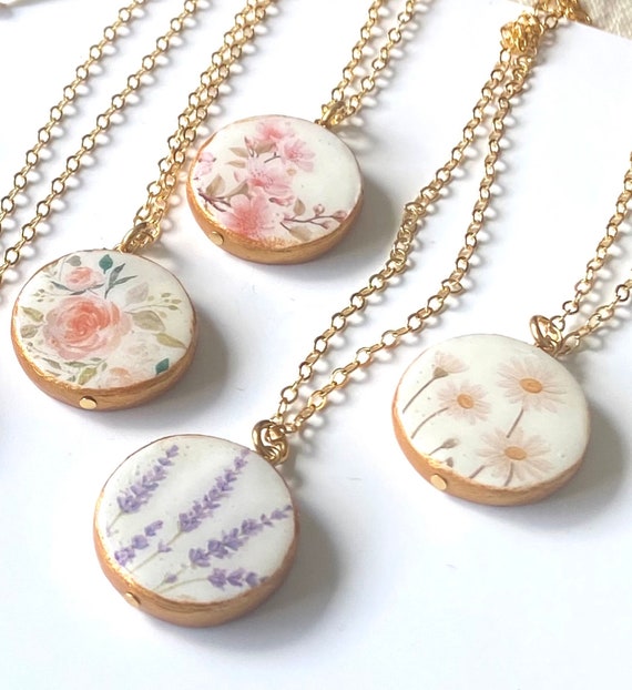 Floral Clay Pendant Necklace: Gold Plated Chain, Stamped Initial