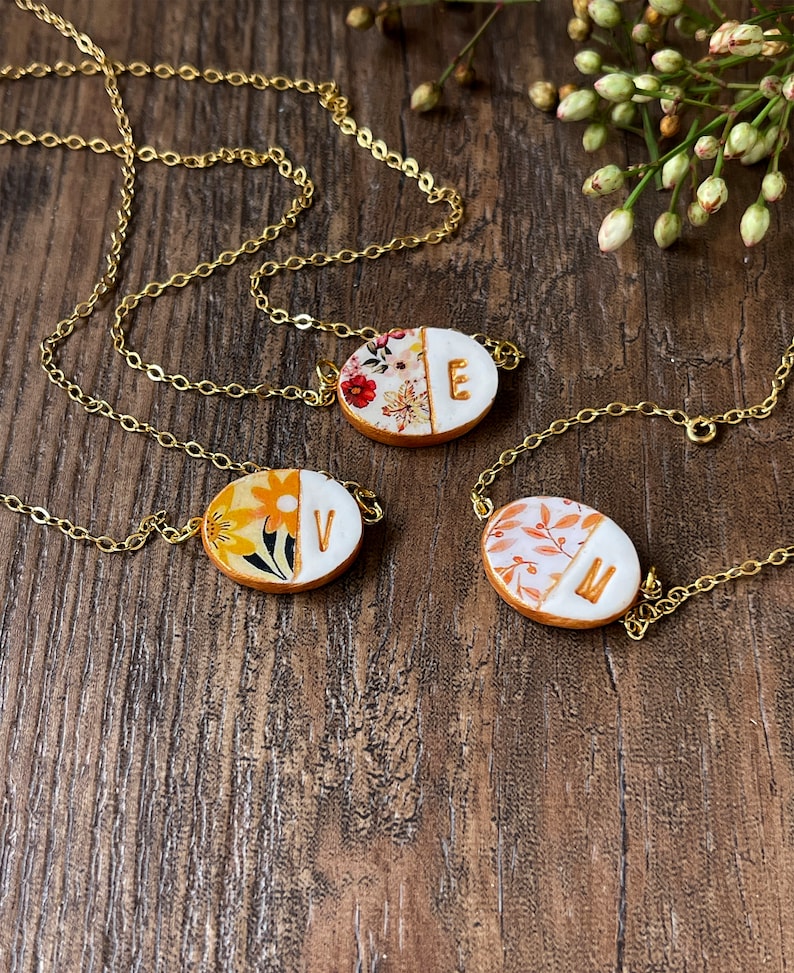 Small Letter Necklace, Dainty Floral Necklace, Woodland Wedding, Boho Fall jewelry, Burnt Orange Wedding, Autumn Jewelry, Petite Necklace image 7