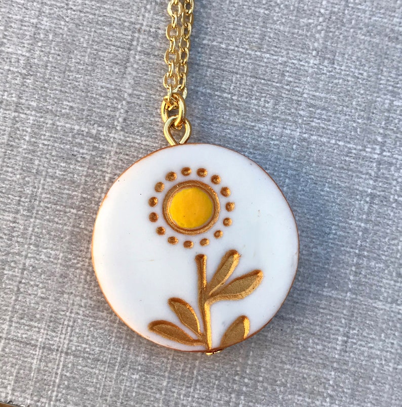 Sunflower Necklace, Dainty stamped clay jewelry with handpainted accents, Personalize with your initial, Sunflower wedding Bridesmaid gift image 6