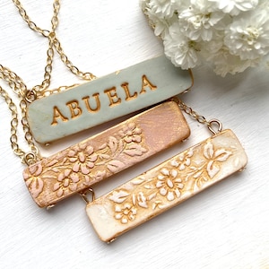 Stamped Name Bar Necklace: Reversible Floral Porcelain Pendant