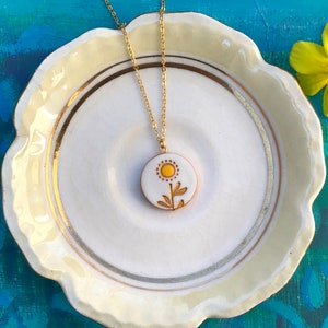 Sunflower Necklace, Dainty stamped clay jewelry with handpainted accents, Personalize with your initial, Sunflower wedding Bridesmaid gift image 2