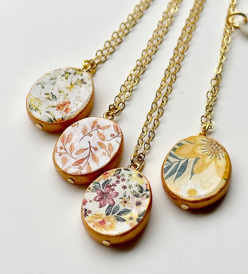 Floral necklace, Flower Pendant, Clay Initial, Autumn palette, fall colors, Autumn Jewelry, Bridal Party Gifts, Bridesmaid gift set of 4 image 1