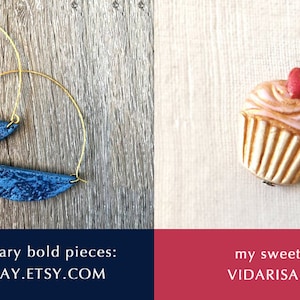 May include: Two pairs of gold hoop earrings with a blue and white patterned half-circle pendant.  The earrings are on a wooden surface.  my contemporary bold pieces: HUMANOCLAY.ETSY.COM