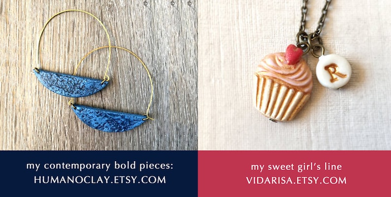 May include: Two pairs of gold hoop earrings with a blue and white patterned half-circle pendant.  The earrings are on a wooden surface.  my contemporary bold pieces: HUMANOCLAY.ETSY.COM