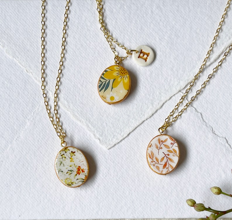 Floral necklace, Flower Pendant, Clay Initial, Autumn palette, fall colors, Autumn Jewelry, Bridal Party Gifts, Bridesmaid gift set of 4 image 6