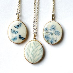 Blue and White Porcelain Tile inspired Pendants, Personalized Christmas necklace, China inspired jewelry, blue and gold, Stamped Initial