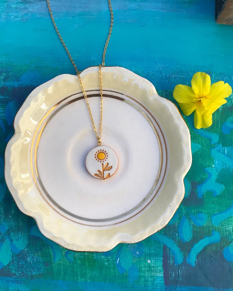 Sunflower Necklace, Dainty stamped clay jewelry with handpainted accents, Personalize with your initial, Sunflower wedding Bridesmaid gift image 4