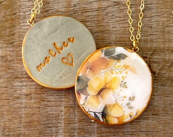 Botanical Necklace, Stamped custom words, Rose Pendant, Gold Pendant,  Floral Necklace, Mothers Day under 50, Grandmother personalized gift