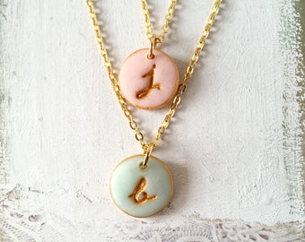 Cursive Necklace, Cursive Name Necklace, Powder pink and Gold, Sisters Jewelry, flower girl necklace, Delicate Necklace