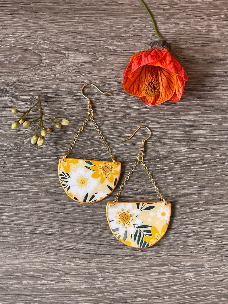 Floral Earrings, Cottage Jewelry, French Country Jewelry, Mustard Earrings, Liberty Print, Acrylic Earrings, Laura Ashley style image 6