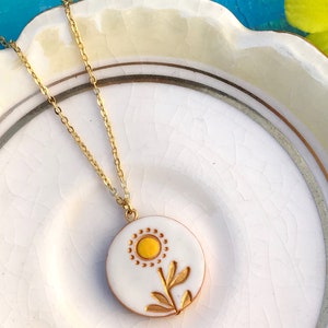 Sunflower Necklace, Dainty stamped clay jewelry with handpainted accents, Personalize with your initial, Sunflower wedding Bridesmaid gift image 3