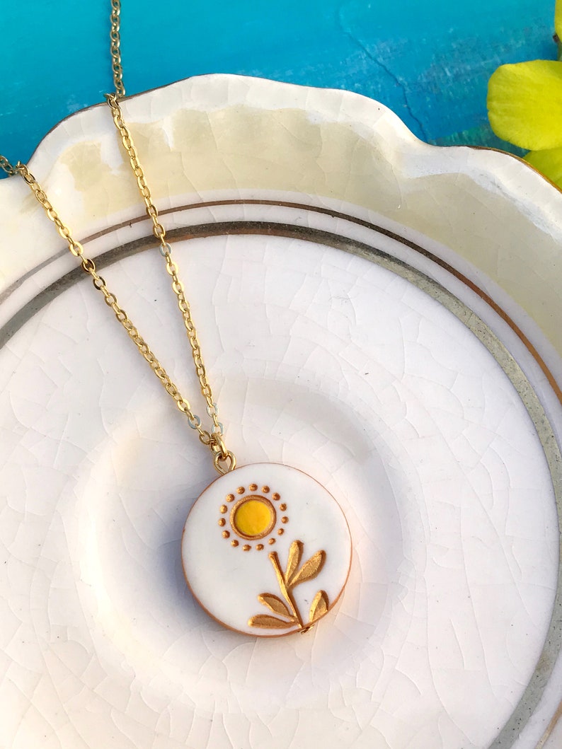 Sunflower Necklace, Dainty stamped clay jewelry with handpainted accents, Personalize with your initial, Sunflower wedding Bridesmaid gift image 3