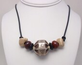 Hill Tribe Sterling Stamped Puff Bead, Red Jasper Rondelles, Beige Ceramic, Greek Leather Necklace