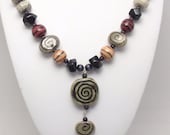 Handcrafted FAIR TRADE Kazuri Ceramic Beads from Kenya, Onyx Nuggets, Tree Agate, Black Cats Eye Necklace.