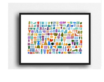 Abstract Watercolor Print, Beach Combing, Colorful Wall Art,