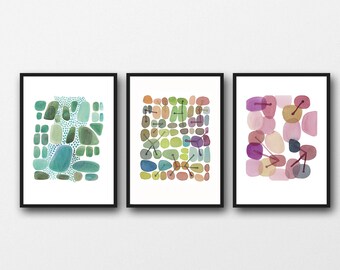 Set of 3 prints, Watercolor Paintings, Green Pink, Abstract Artworks, Gallery Wall Art