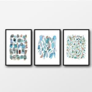 Blue Wall Art, Abstract Watercolor Prints, Sea Glass Art, Set of 3