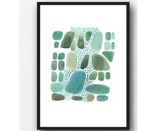 watercolor painting emerald green pebbles, modern abstract art, nature inspired painting