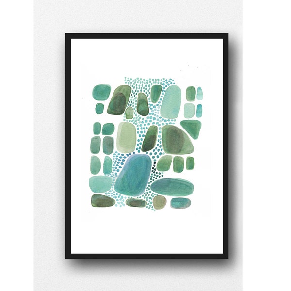 watercolor painting emerald green pebbles, modern abstract art, nature inspired painting