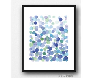 Blue-Green Bubbles Abstract Watercolor Painting, Modern Wall Art