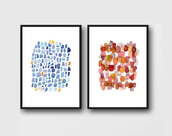 Set of 2 Abstract Watercolor Prints, Affordable Artwork, Blue Sea Glass Print - Red Pebble Art Print, Modern Wall Art set