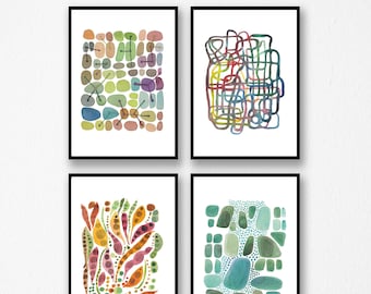 Set of 4 Watercolor Prints, Abstract Wall Art, Modern Gallery Wall Decor