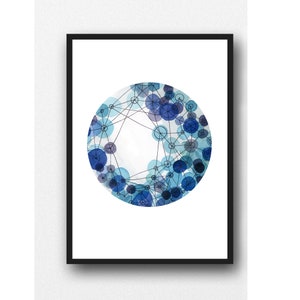 Blue Watercolor Print, Circle Print, Abstract Art, Inner Space, Constellation, Abstract Watercolor Painting