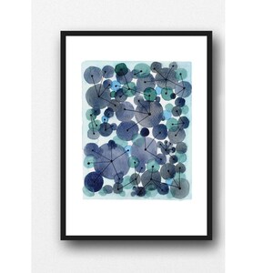 Point an Line, Indigo Blue painting, Constellation, abstract watercolor with Blue Circles