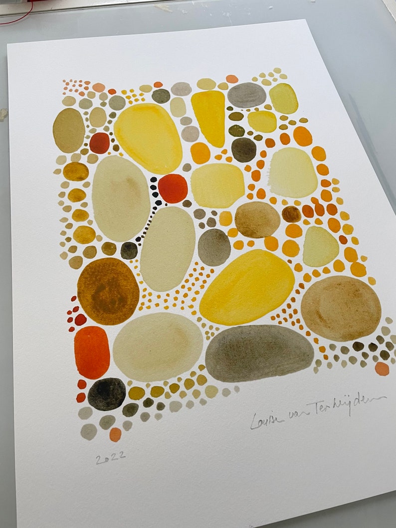 Yellow pebbles Fine art print giclee Watercolor painting abstract painting image 3