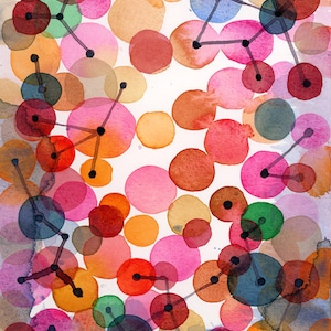 Abstract Painting, Watercolor Print, Constellation, Red pink Circles image 4