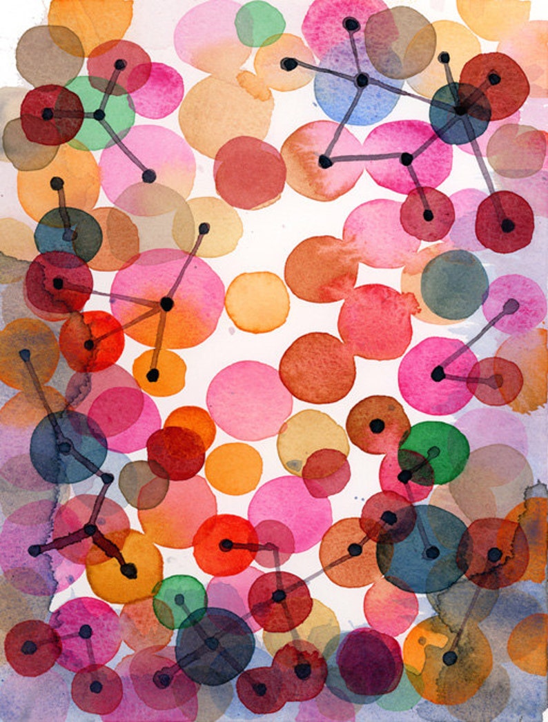 Abstract Painting, Watercolor Print, Constellation, Red pink Circles image 4