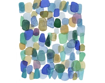 Sea Glass Art print, Abstract watercolor painting, blue-green Beach Finds